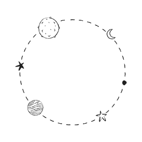 Desenho em linha de elementos celestiais (estrelas, planetas, lua) dispostos em um círculo, simbolizando ciclos naturais e equilíbrio holístico.