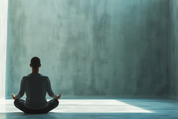 Uma pessoa de costas, sentada em posição de lótus sob um raio de luz natural em uma sala minimalista de concreto, praticando meditação para acalmar a mente.