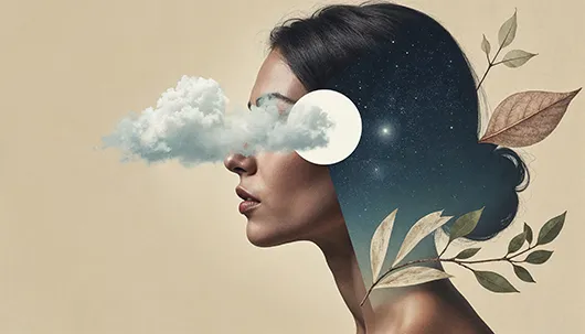 Multidimensionalidade na visão holista - Colagem digital surrealista de uma mulher de perfil, ilustrando a consciência multidimensional. O interior de sua mente revela um céu noturno estrelado (espaço cósmico), simbolizando a expansão da mente. Um círculo recortado sobre o olho contém uma nuvem fofa, e folhas secas emergem de sua nuca, representando a conexão com a natureza e o eu interior.