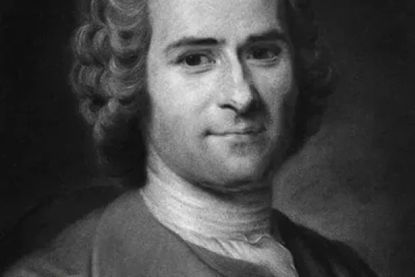 Capa de livro com retrato de Jean-Jacques Rousseau e o texto "Back to Nature", representando sua obra clássica, Devaneios de um Caminhante Solitário.