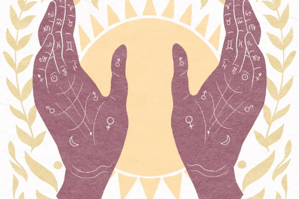 "Uma ilustração mística em estilo gravura de duas mãos roxas abertas com símbolos do zodíaco e linhas de quiromancia gravadas, emoldurando um sol central radiante. Esta imagem ilustra como a conexão de todas as partes, do cosmos à nossa biologia, define o que é holismo, um conceito de totalidade."