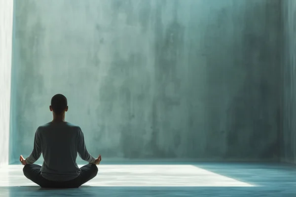 Uma pessoa de costas, sentada em posição de lótus sob um raio de luz natural em uma sala minimalista de concreto, praticando meditação para acalmar a mente.