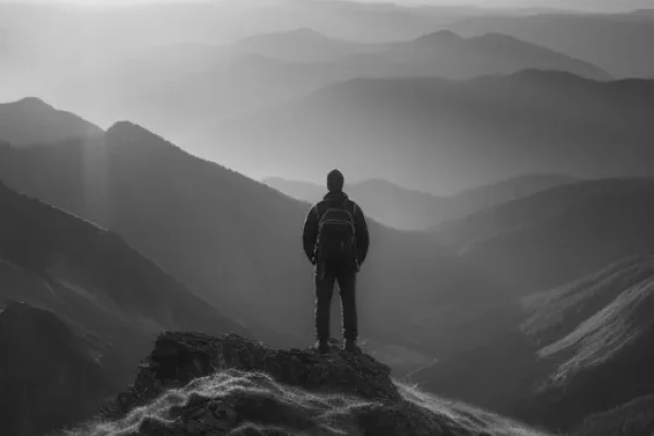 Uma pessoa em uma trilha de montanha observando o horizonte aberto durante o nascer do sol, transmitindo clareza e direção.