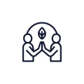 Ícone minimalista em linha preta de duas figuras humanas em sintonia sob uma folha central, representando a seção de Terapias Integrativas e saúde holística.